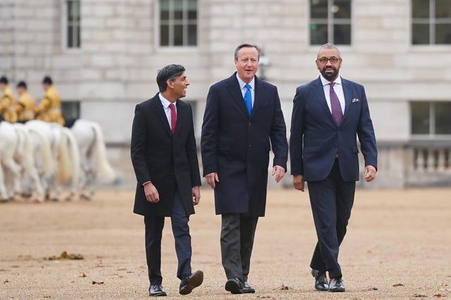 (Left to right) Prime Minister Rishi Sunak, Foreign Secretary Lord David Cameron and Home Secretary James Cleverly at the ceremonial welcome for President of South Korea, Yoon Suk Yeol, and his wife, Kim Keon Hee, at Horse Guards Parade in central London