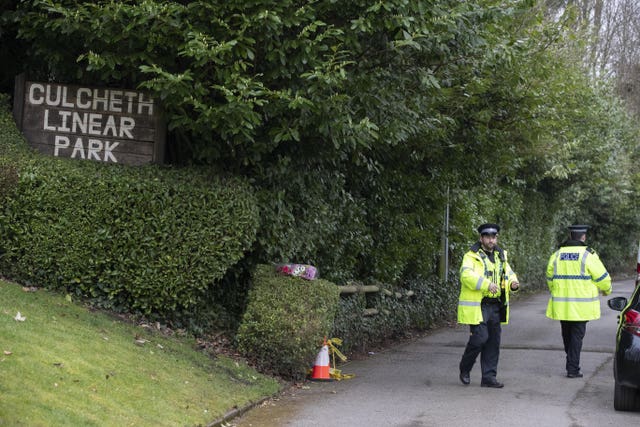 Police at the scene in Culcheth Linear Park in Warrington, Cheshire 