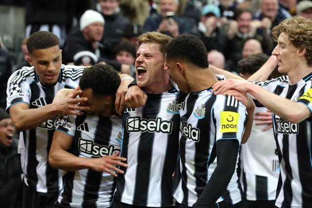 Harvey Barnes, centre, celebrates his goal with his Newcastle team-mates, from left, Malick Thiaw, Jacob Murphy, Jacob Ramsey and Anthony Gordon