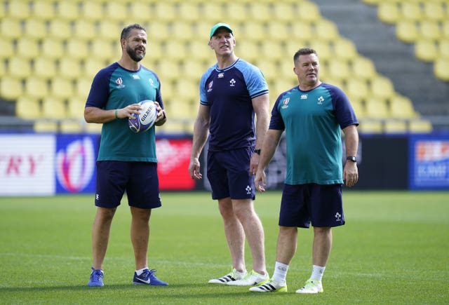 Scrum coach John Fogarty, right, gave an update on the fitness of Andy Farrell's Ireland squad