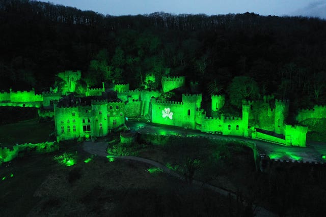 Gwrych Castle in Abergele, North Wales joined Tourism Ireland's Global Greenings campaign to mark St Patrick’s Day (Richard McCarthy/PA)