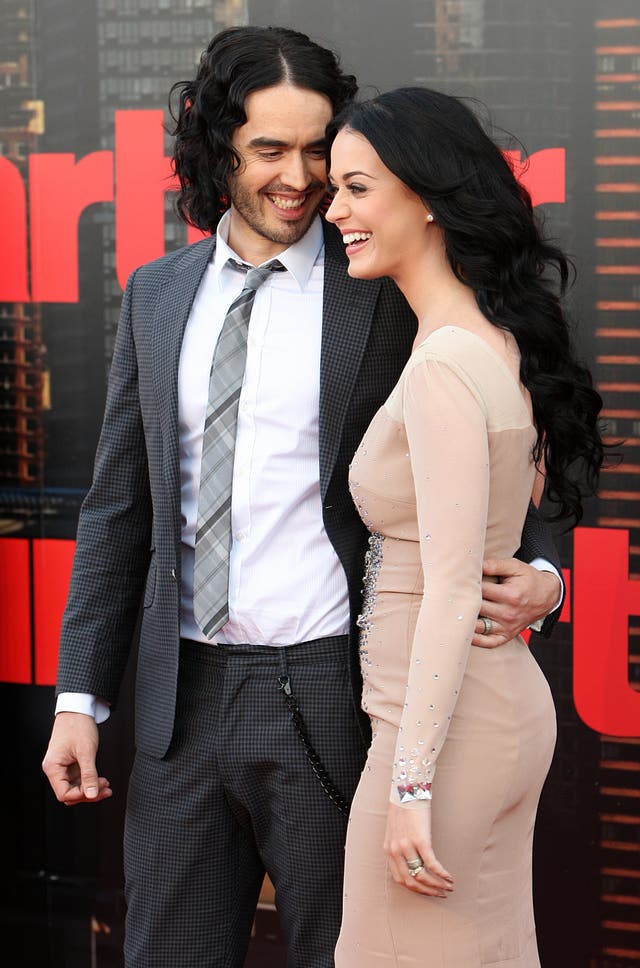 Russell Brand with his ex-wife Katy Perry at the Arthur UK premiere in London