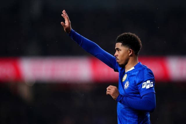 Chelsea's Wesley Fofana holds up a hand.