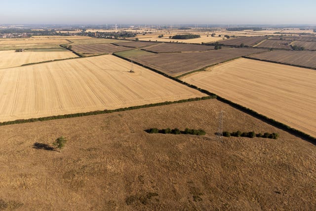 Aerial view of parched fields and meadows, Northamptonshire this summer