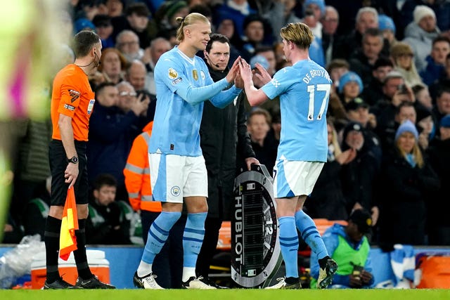 Erling Haaland and Kevin De Bruyne (right) are set to start for City
