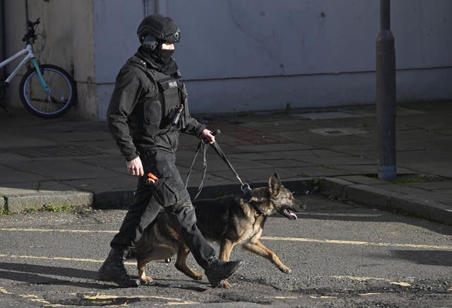 A police officer wearing protective clothing holding a police dog by a lead
