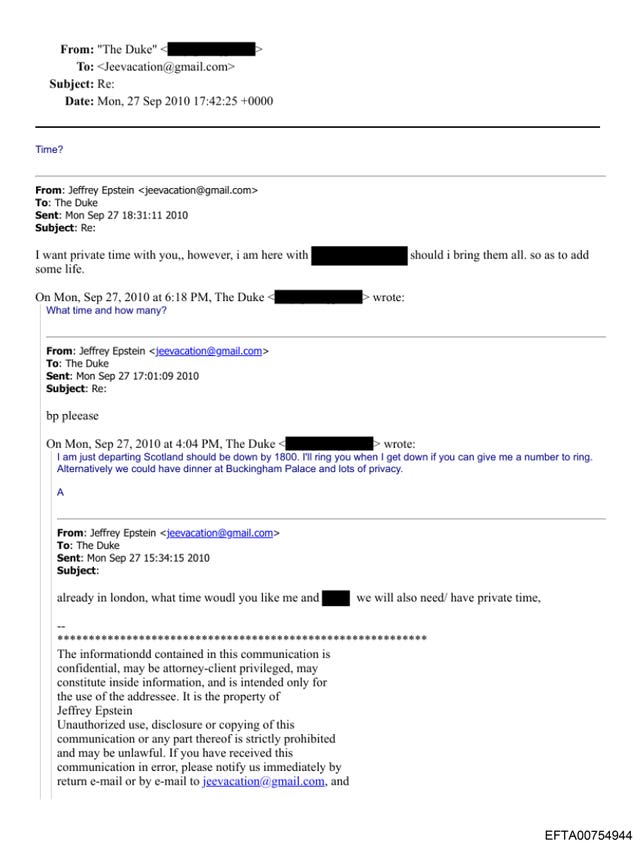 An apparent email exchange between Epstein and Andrew