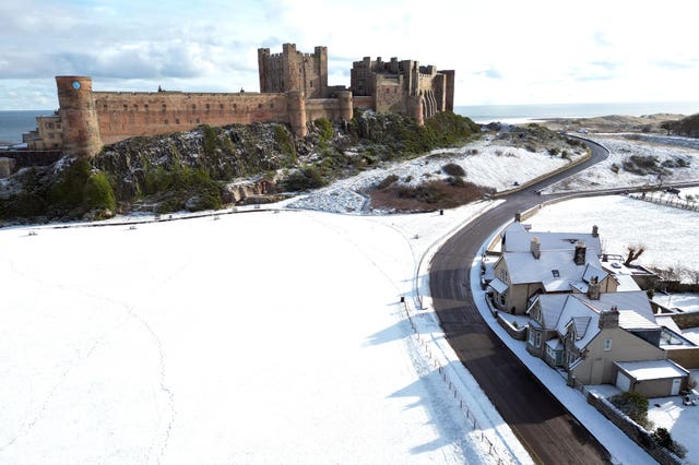 Snow at Bamburgh Castle in Northumberland