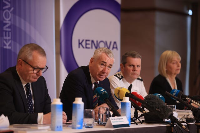Left to right, officer in charge of Operation Kenova Sir Iain Livingstone, PSNI Chief Constable Jon Boutcher, Temporary Deputy Chief Constable Chris Todd, and former victims commissioner Judith Thompson at Stormont Hotel in Belfast for the publication of the Operation Kenova Interim Report into Stakeknife, the British Army’s top agent inside the IRA in Northern Ireland during the Troubles