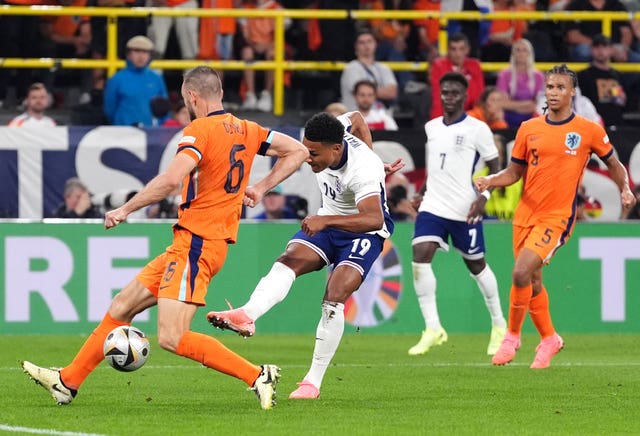 England’s Ollie Watkins (centre) scores the winner against the Netherlands
