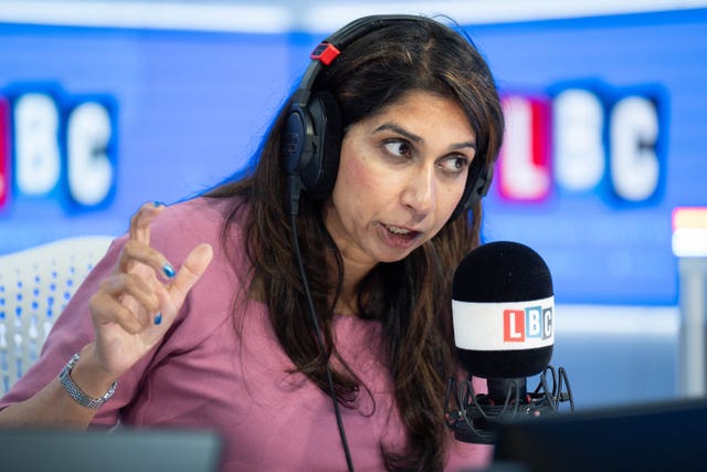 Former home secretary Suella Braverman appears as a guest presenter on LBC radio’s mid-morning programme, at the Global Studios in central London