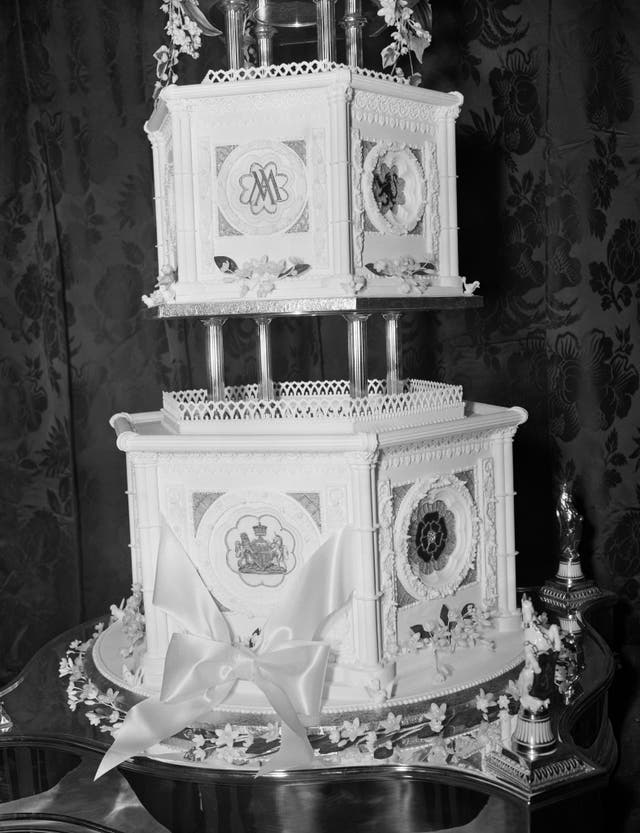 Princess Margaret’s coat of arms featured on the official wedding cake made for her wedding to Antony Armstrong-Jones (PA)