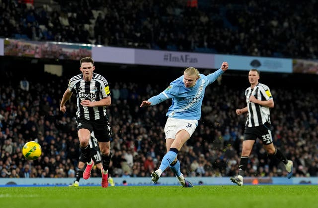 Manchester City’s Erling Haaland misses a chance