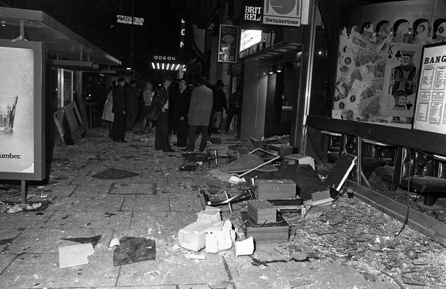 A bomb-damaged bus shelter in New Street, Birmingham