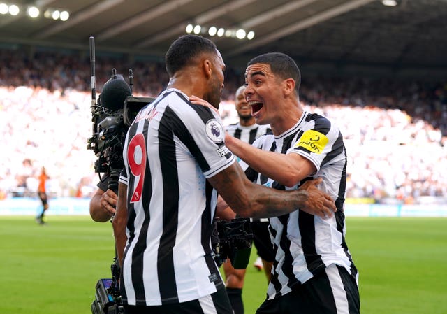 Callum Wilson, left, celebrates with Newcastle team-mate Miguel Almiron