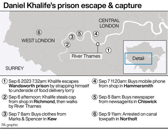 Map showing the movements of Daniel Khalife from his escape to his capture