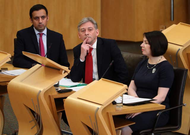 Anas Sarwar, left, alongside Scottish Labour leader Richard Leonard and Monica Lennon at the Scottish <a href=