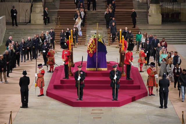 Crowds filing past as the Queen's coffin lies in state in Westminster Hall