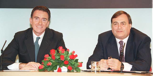 John Prescott and Peter Mandelson holding a news conference