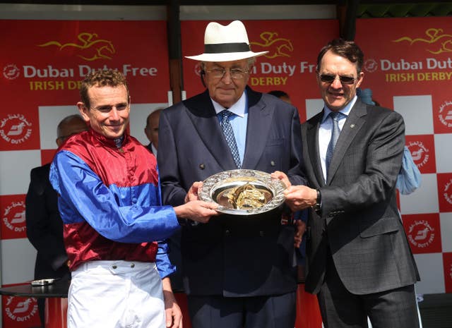 Ryan Moore, John Magnier and Aidan O’Brien after winning the Dubai Duty Free Irish Derby with Los Angeles 