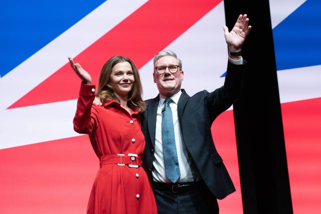 Prime Minister Keir Starmer is joined on stage by his wife Victoria after delivering his keynote speech to the Labour Party Conference in Liverpool. 