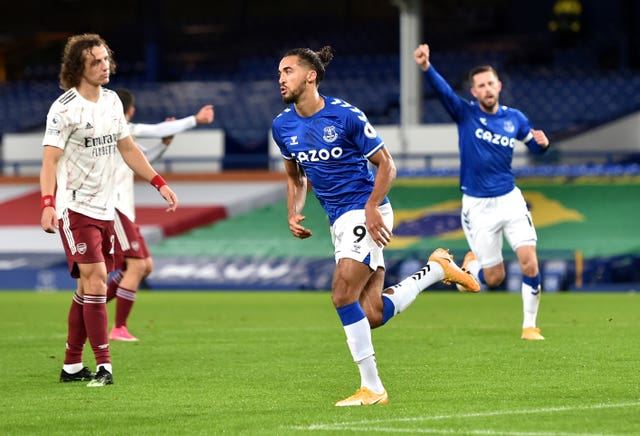 Dominic Calvert-Lewin (centre) celebrates after Arsenal's Rob Holding (not pictured) scores an own goal