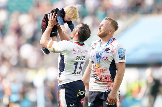 Alex Goode, left, celebrates Saracens’ Gallagher Premiership final win