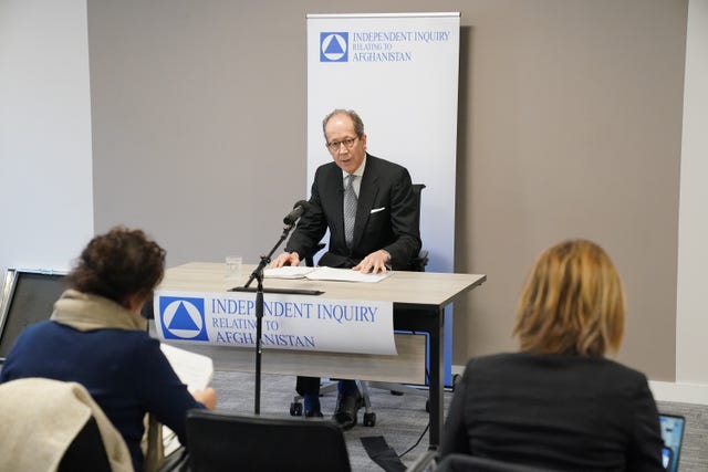 Lord Justice Haddon-Cave, chair of the Independent Inquiry relating to Afghanistan, reads an opening statement during the inquiry’s official launch at the International Dispute Resolution Centre, in London 