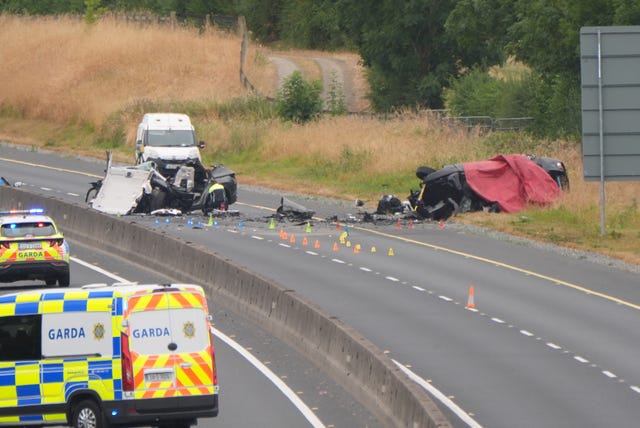 The scene on the M9 northbound at Junction 3 in Co Kildare after a head-on collision between two cars