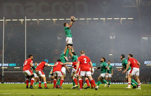 Ireland win a line-out against Wales in Cardiff