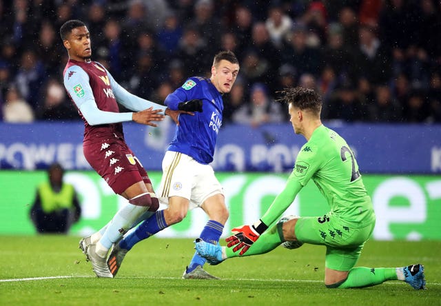 Leicester's Jamie Vardy has a shot at goal saved by Aston Villa goalkeeper Orjan Nyland