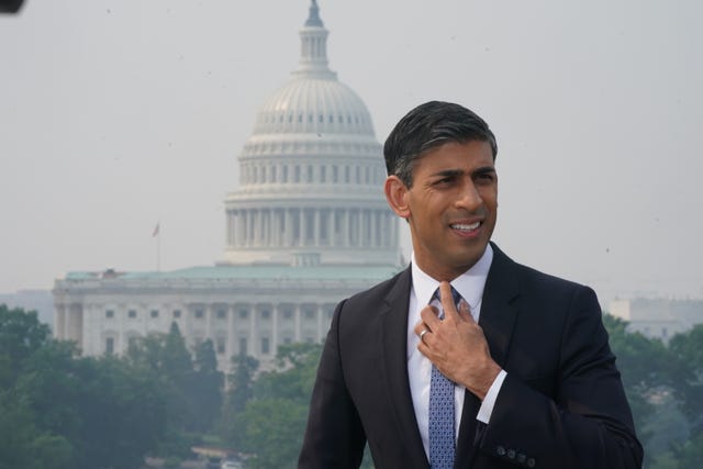 Prime Minister Rishi Sunak speaks to the media during his visit to Washington DC in the US