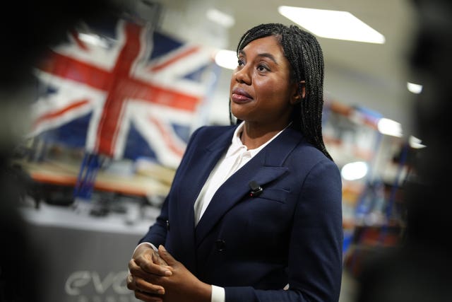 Conservative Party leader Kemi Badenoch during a visit to Evolve Dynamics in Farnham, Hampshire