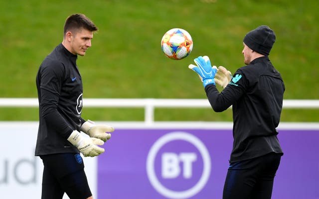 England goalkeepers Nick Pope and Jordan Pickford during training