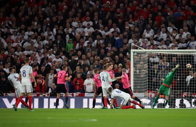 Gary Cahill scores England's third goal against Scotland 