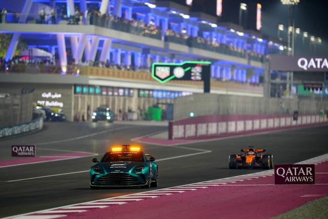 McLaren driver Oscar Piastri behind the safety car after the Kick Sauber driver Nico Hulkenberg crashed