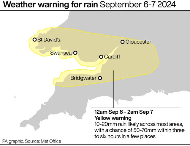 Graphic showing weather warning for rain on September 6 and 7 2024