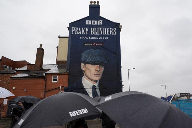 A mural by artist Akse P19 of actor Cillian Murphy as Peaky Blinders crime boss Tommy Shelby, in the historic Deritend area of Birmingham