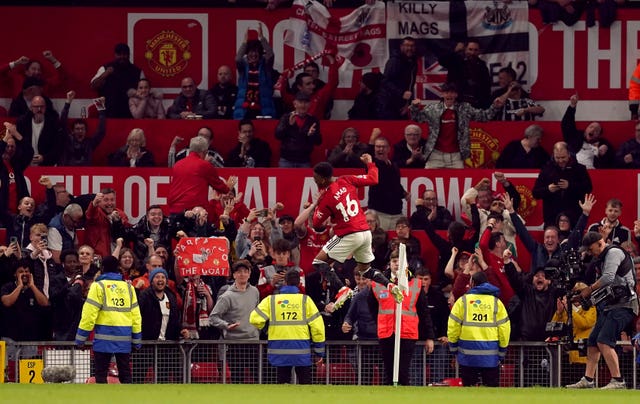 Amad Diallo celebrates scoring Manchester United's second against Newcastle