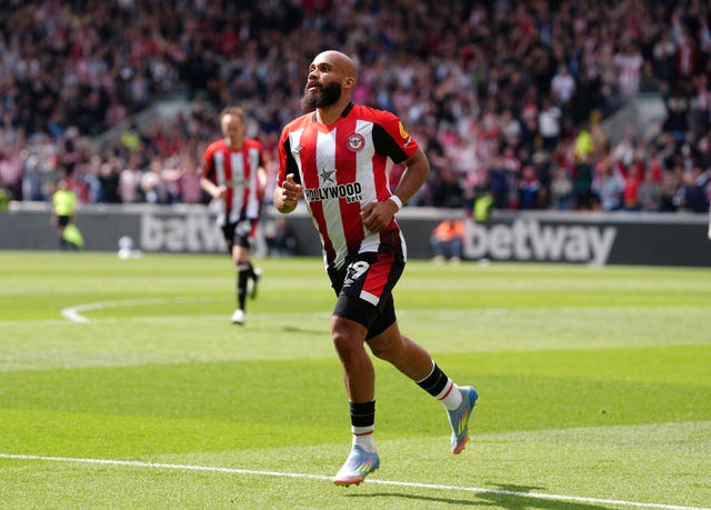 Bryan Mbeumo celebrates scoring for Brentford