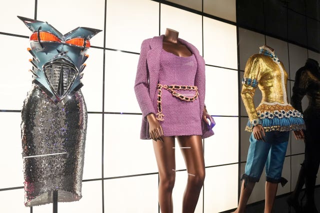 Eye catching pieces from Naomi Campbell's career on manikins including a dress shaped like a car 