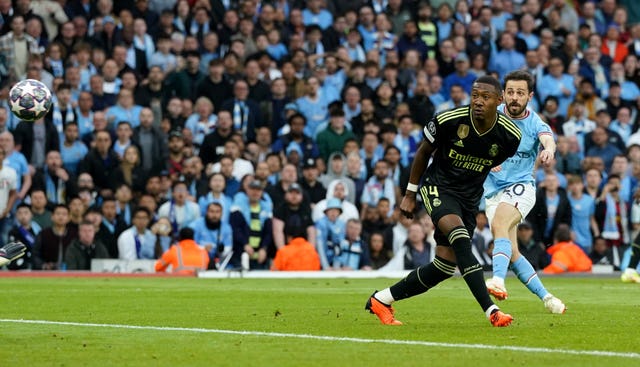 Bernardo Silva, right, scores Manchester City’s opening goal against Real Madrid