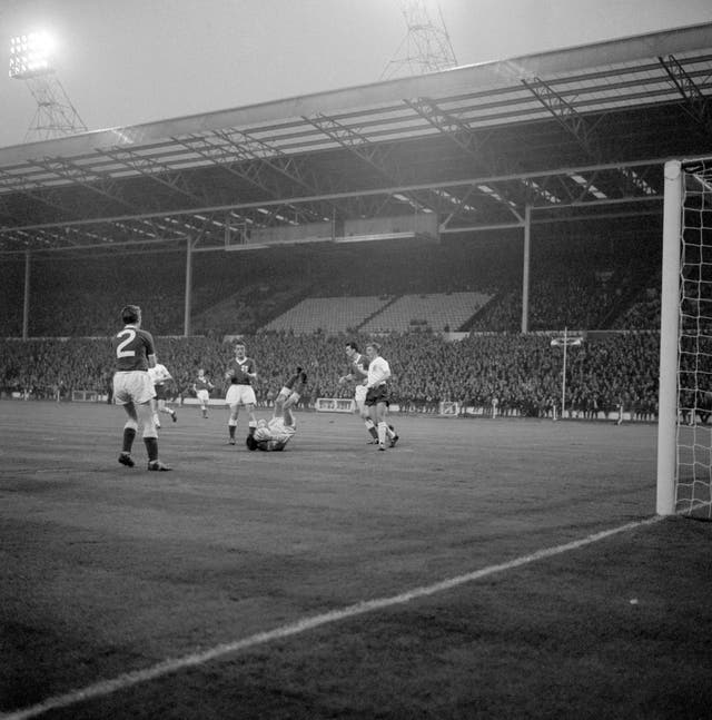 Pat Jennings in action for Northern Ireland in an Under-19 match against England at Wembley 