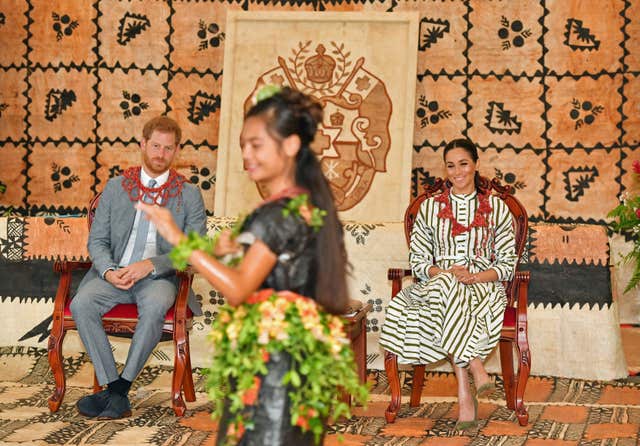 The Duke and Duchess of Sussex had earlier visited an exhibition of handicrafts at the Fa'onelua Convention Centre
