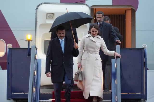 The Emir of Qatar Sheikh Tamim bin Hamad Al Thani, and Sheikha Jawaher, arrive at Stansted Airport on Monday ahead of the state visit hosted by the King 