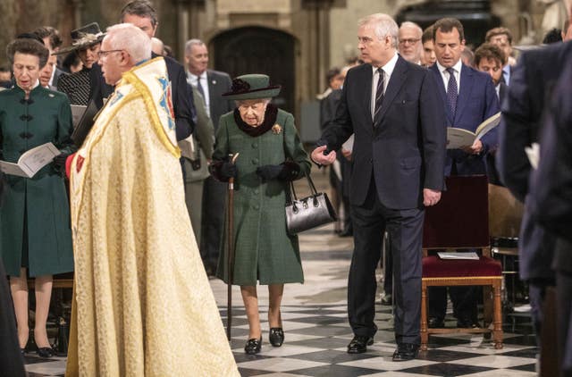 Queen Elizabeth II and Andrew arriving at a Service of Thanksgiving for the life of the Duke of Edinburgh together in 2022