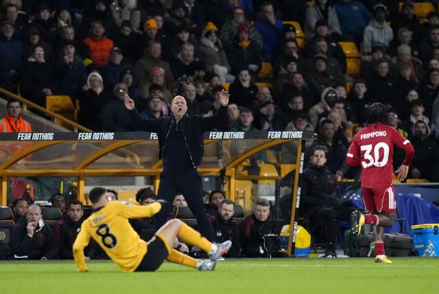 Liverpool manager Arne Slot shows frustration during the defeat to Wolves