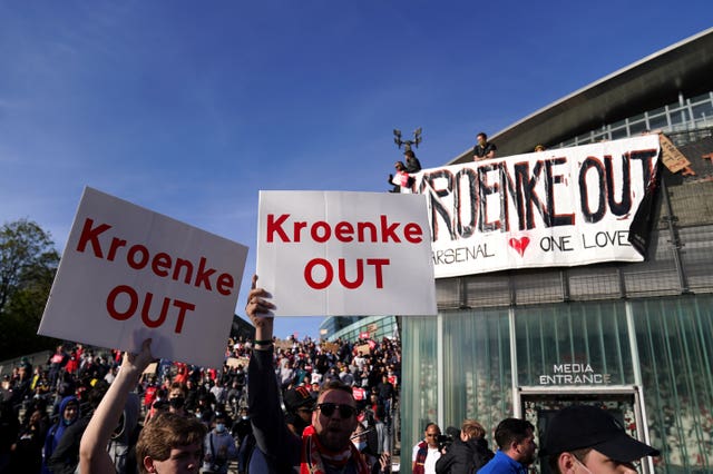Fans protested against Arsenal owner Stan Kroenke before the Premier League loss to Everton on Friday.