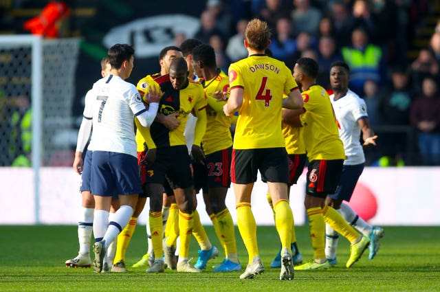 Watford’s Abdoulaye Doucoure and Tottenham players in an altercation at Vicarage Road