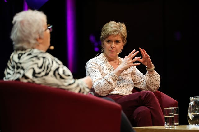 Former first minister Nicola Sturgeon chairs an event with comedian Janey Godley at the Aye Write book festival at the Royal Concert Hall